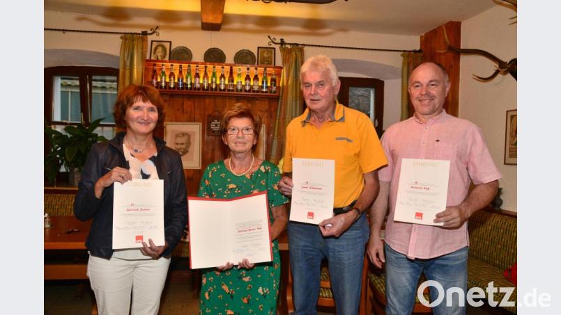 SPD-Ortsvereinsvorsitzende Gerlinde Janker (links) ist seit 30 Jahren Mitglied der SPD. Altbürgermeisterin Waldtraud Benner-Post (Zweite von links) gehört der SPD seit 35 Jahren an. Josef Zitzmann (Dritter von links) hat seit 25 Jahren das rote Parteibuch. Richard Süß (rechts) ist seit 15 Jahren Mitglied der SPD. Bild: bey
