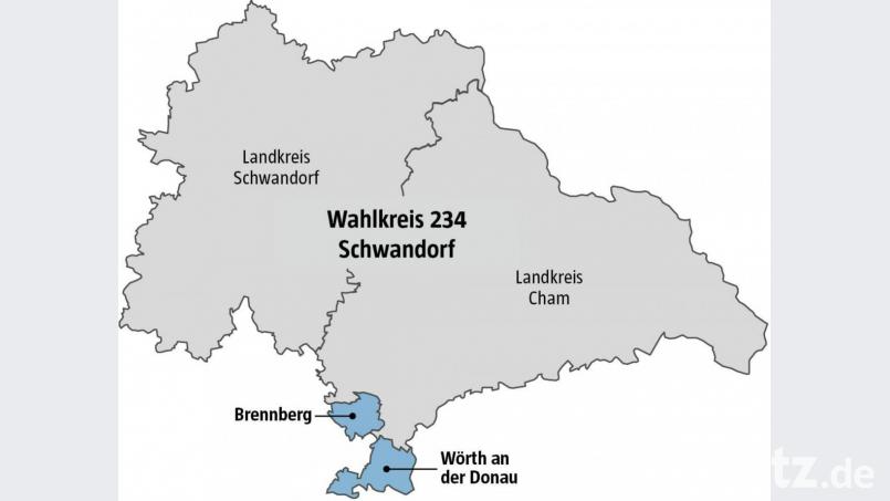 Der vergrößerte Wahlkreis Schwandorf-Cham für die Bundestagswahl am 26. September.. Grafik: Oberpfalz-Medien