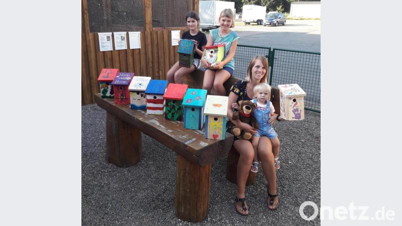 Die selbstgezimmerten Nistkästen wurden alle bunt bemalt. Eine Freude nicht nur für die Erbauer sondern auch für die Vögel die bald dort einziehen werden. Amelie Wüst, Sina Bayerl und Anne Meckl (von links) waren unter den Siegern. Bild: doj