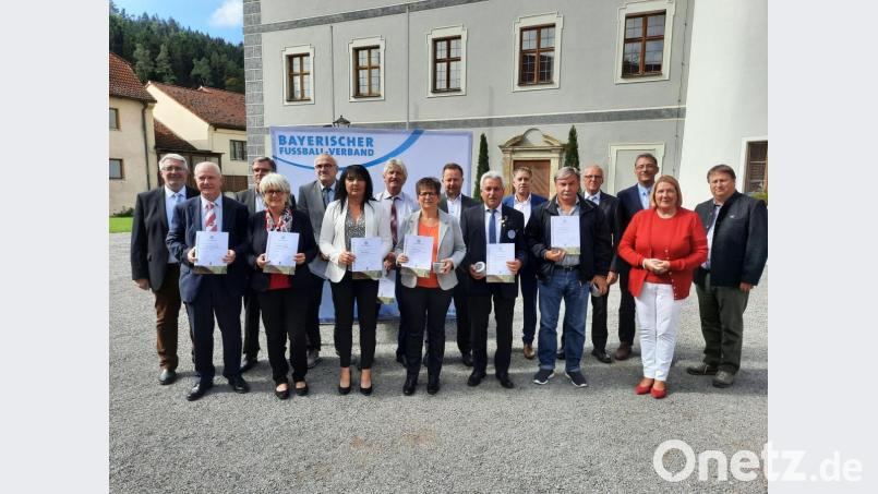 Die Geehrten aus dem Fußballkreis Schwandorf/Cham mit Funktionären aus dem Fußballbereich. Bild: Bayerischer Fußballverband