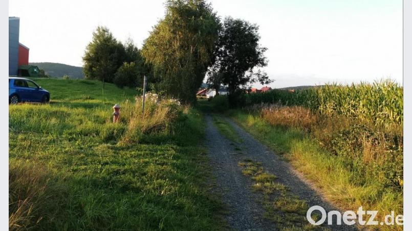 Das untere Stück der alten Weidinger Straße aus Richtung Schönsee (links der Metzgereibetrieb Meindl und im Hintergrund die Osterbrunnen-Siedlung der Stadt) ist als Schotterweg erhalten. Die weitere Trasse müsste parallel zur Staatsstraße 2154 bis zur Gemeindegrenze Weiding neu gebaut werden. Bild: Portner