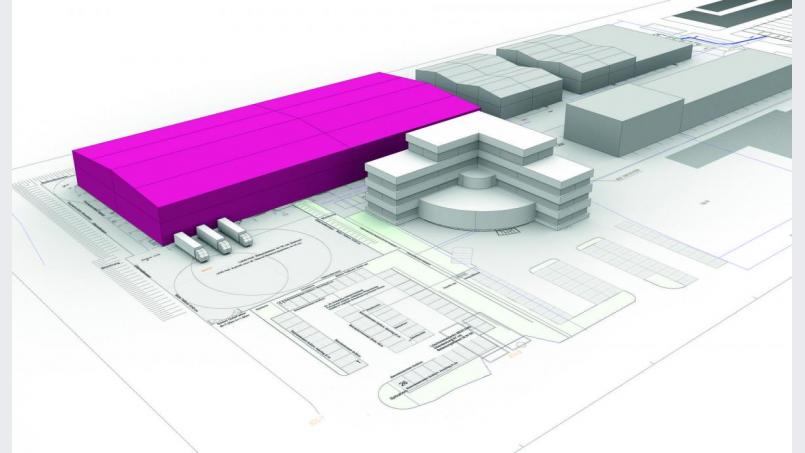 Visualisierung des Neubaus der Produktionshalle nördlich der Elasto Form-Hauptverwaltung am Stammsitz im Gewerbegebiet Kauerhof in Sulzbach-Rosenberg. Bild: Elasto Form/exb