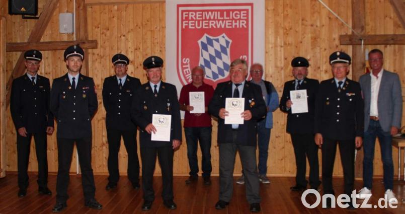 Ein Höhepunkt des Kameradschaftsabends der Freiwilligen Feuerwehr Steiningloh-Urspring war die Ehrung langjähriger Mitglieder. V. l: 2. Kommandant Josef Giehrl, 1. Vorstand Michael Pfab, 2. Vorstand Tobias Kummer, Georg Kummer, Johann Fischer, Johann Amann, Georg Fischer, Erich Stauber, 1. Kommandant Ludwig Fischer und Bürgermeister Hermann Falk. Bild: u