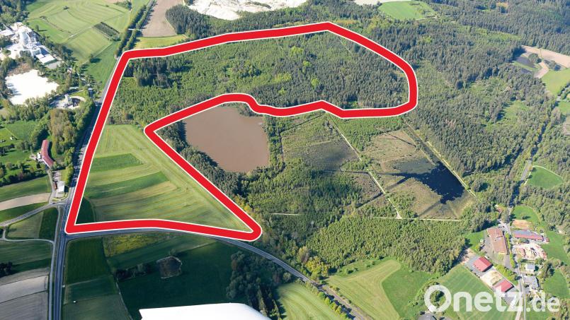 Auf 35 Hektar im Süden von Tirschenreuth will die Ziegler-Group für 220 Millionen Euro einen Standort (grob eingezeichnete Fläche) für die Herstellung von modernen Fertighäusern aus Holz bauen. Im Zuge der Bauleitplanung werden umfangreiche Umweltprüfungen durchgeführt. Einen Zwischenbericht gab Planer Dietmar Narr in der Septembersitzung des Stadtrats. Bild: mür
