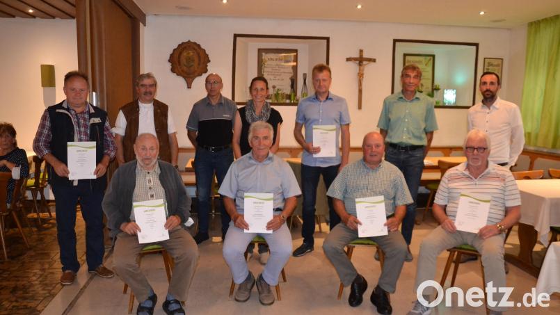 Bürgermeister Armin Bulenda (rechts) und Bezirksvorsitzender Reinhard Ott (Zweiter von links) sowie die Vorsitzenden Peter Rieß (Zweiter von rechts) und Christine Meindl (Vierte von links) dankten den langjährigen Mitgliedern für ihre Treue. Bild: gi