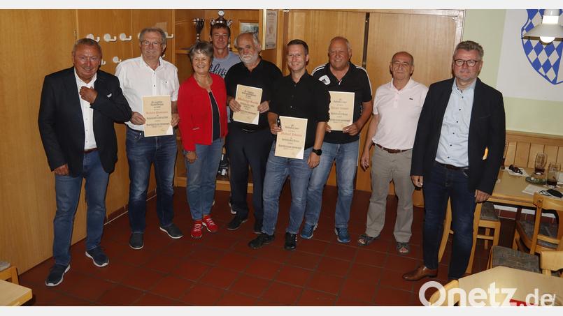 Ehrungen für langgediente Aktive des SV Loderhof/Sulzbach durch den Bayerischen Landessportverband: (von links) Vorsitzender Achim bender, Richard Donhauser, Dritte Bürgermeisterin Hildegard Geismann, Manfred Heldrich, Wolfgang Berndt, Michael Jakuttis, Jürgen Kunert, Schatzmeister Kurt Hösl und Bürgermeister Michael Göth. Bild: mfh