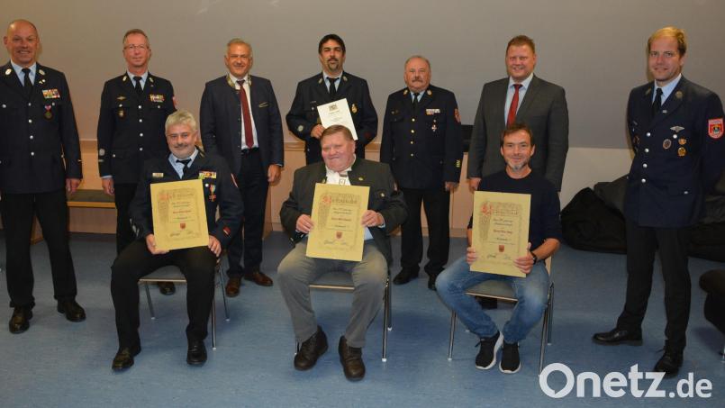 Eine staatliche Ehrung für 25-jährigen aktiven Dienst erhielt Thomas Seitz-Hartwich. Weitere Ehrungen gab es für 30 und 40 Jahre lange Treue zur Feuerwehr Mitterteich. Im Bild (sitzend, von links) Klaus Quast, Willi Neudert und Oliver Rasp sowie (stehend, von links) Kommandant Franz Bauernfeind, dessen Stellvertreter Günther Sommer, Landrat Roland Grillmeier, Thomas Seitz-Hartwich, Kreisbrandrat Andreas Wührl, Bürgermeister Stefan Grillmeier und Vorsitzender Christian Grillmeier. Bild: jr