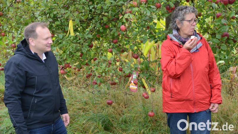 Christine Schmidt (rechts, mit Bürgermeister Christian Porsch) probiert einen der reifen Äpfel. Bild: ak