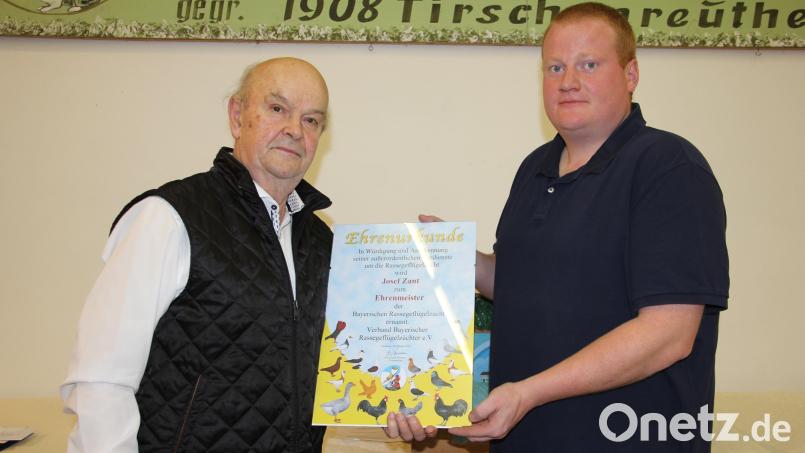 Bei einem Ehrenabend der Tirschenreuther Kleintierzüchter wurde Josef Zant (links) als Ehrenmeister der Bayerischen Rassegeflügelzucht ausgezeichnet. Die Ernennungsurkunde überreichte Kreisvorsitzender Karl Weiß. Bild: kro