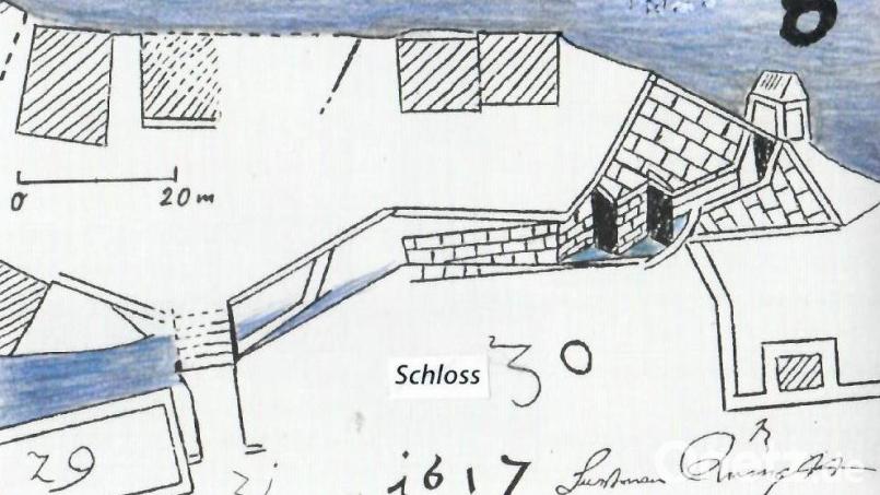 Ausschnitt aus der „Mappa“ von Hartman Rumpff aus dem Jahr 1617. Dargestellt sind das Abzugshäusl (8) sowie der verwinkelte Abzugskanal zum heutigen "Musl". Grafik: Staatsarchiv Amberg/exb