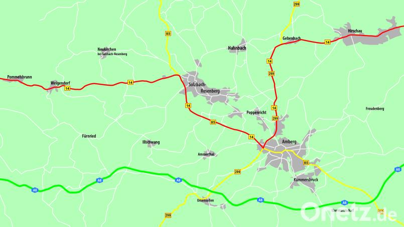 Der rot eingezeichnete Verlauf stellt den Trassenvorschlag von SuRo2030 dar - eine Umgehung zwischen Gebenbach/Mimbach (B 14) und Amberg/Sulzbach-Rosenberg (B 85). Repro: ige