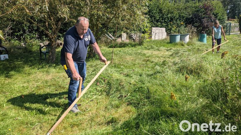 Auch im Herbst noch im Einsatz: Ingolf Miny und Nicole Merbald beim Sensen. Bild: Verena Bauer/exb