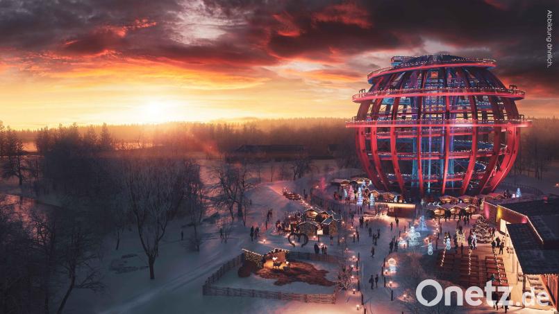 Der erste Weihnachtsmarkt an der größten begehbaren und beleuchteten Weihnachtskugel der Welt soll „ein Lichtspektakel“ werden. Hier eine Visualisierung. Bild: Visualisierung Franz Außerstorfer/exb 