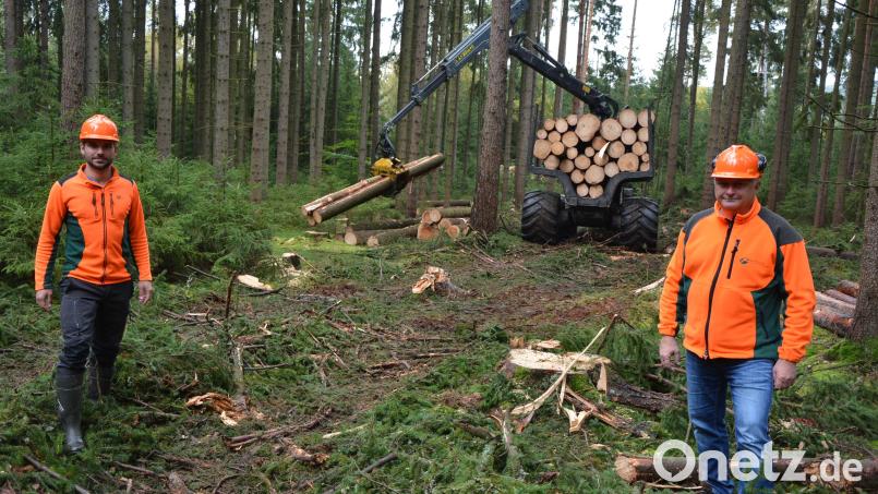 Per Rückezug werden die gefällten Bäume aus dem Waldgebiet Konnsberg entfernt. Forstbetriebsleiter Norbert Zintl (rechts) und Einsatzleiter Louis Lang informierten bei einem Ortstermin über den Stand der Arbeiten. Bild: jr
