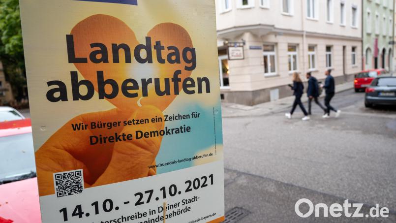 Ein Plakat mit der Aufschrift «Volksbegehren - Landtag abberufen» steht an einer Straßenkreuzung. Bild: Peter Kneffel