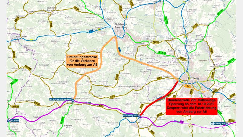 Ein Plan des Staatlichen Bauamts Amberg-Sulzbach zeigt, in welchem Bereich die B 299 halbseitig gesperrt wird (rote Markierung) und wie der Verkehr umgeleitet wird (pfirsichfarbene Markierung). Bild: Stefan Noll/Staatliches Bauamt Amberg-Sulzbach/exb