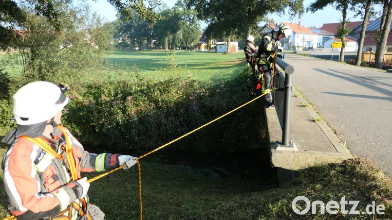 Verunfallt jemand auf abschüssigem Gelände braucht es Helfer-Spezialtrupps. An der Unterlinder Brücke üben die Teilnehmer Maßnahmen zur Absturzsicherung. Bild: dob