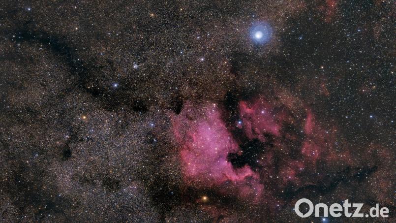Nordamerikanebel (NGC7000) im Sternbild Schwan: Seinen Namen erhielt der Nebel aufgrund seiner Form, die an eine Landkarte des nordamerikanischen Kontinents erinnert. Bild: Tanja Brunner