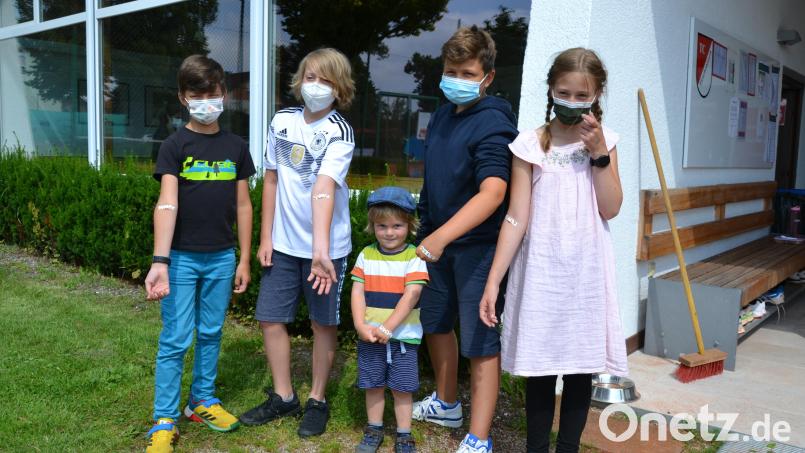 Paul Kellner (9), Lorenz Neumann(12), Felix Neumann (3), Luis Kellner (13) und Ida Neumann (10, von links) zeigen im Juli stolz ihre Pflaster, die sie nach dem Blutabnehmen bekommen haben. Archivbild: rti