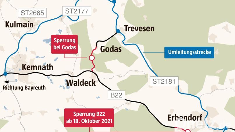 Ab Montag, 18. Oktober, ist die B22 gesperrt. Die Bauarbeiten dauern bis voraussichtlich Freitag, 5. November. Grafik: Oberpfalzmedien