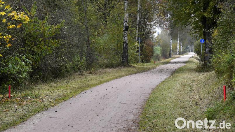 Wer genau hinschaut, sieht schon rote Pflöcke im Boden: Der Vilstalradweg zwischen Theuern und Lengenfeld wird gesperrt, weil hier die Vorbereitungen für den Bau der Kümmersbrucker Westumgehung beginnen. Bild: Petra Hartl