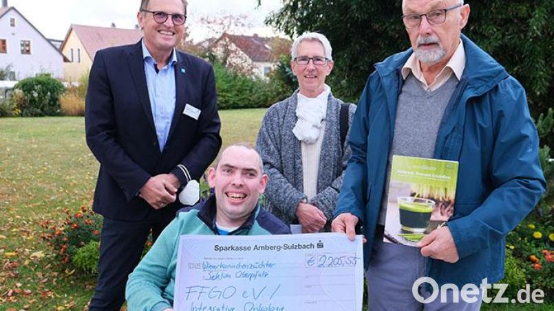 Dr. Harald Hollnberger, Ärztlicher Direktor des Klinikums Amberg, Reinhard Fraunholz, Mitarbeiter der IT, Brigitta Schöner, Vorsitzende des Fördervereins für Familiengesundheit und Stephan Brem von Club der Wiener Kaninchenzüchter Oberpfalz bei der Spendenübergabe.. Bild:  Klinikum/Uschold/exb