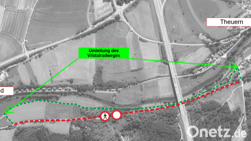 Eine Skizze des Staatlichen Bauamts Amberg-Sulzbach zeigt, in welchem Bereich der Vilstalradweg gesperrt werden muss (rote Markierung) und wie die Umleitung erfolgt (grüne Markierung). Bild: Staatliches Bauamt Amberg-Sulzbach/exb
