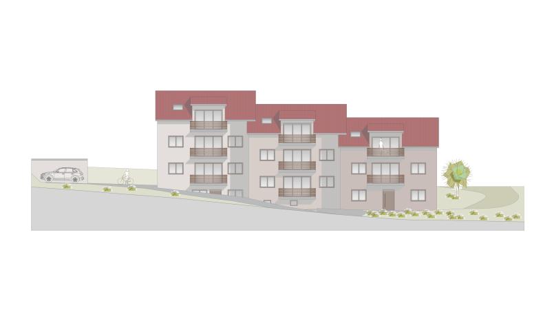 Ansicht des Mehrfamilienwohnhauses mit Balkonen und Terrassen aus der Süd-West Richtung. Grafik: Architekturbüro Kunert