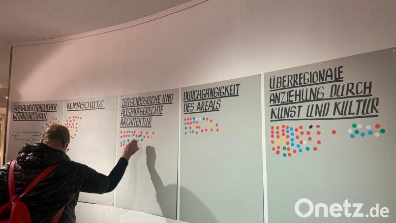 Wie soll das Bürgerspital-Gelände künftig genutzt werden? Beim Bürgerforum im Ring-Theater hatten die Besucher Gelegenheit, durch Klebepunkte ihre bevorzugte Nutzung anzuzeigen. Zur Auswahl standen die Kategorien: sozialverträglicher Wohnungsbau, Klimaschutz, zeitgenössische und altstadtgerechte Architektur, Durchgängigkeit des Areals und überregionale Anziehung durch Kunst und Kultur. Bild: roa