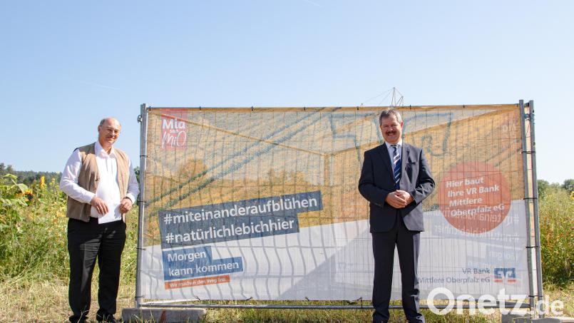 Josef Wittmann und Bernhard Werner (von links) machten sich ein Bild von der Blühfläche in Schwandorf. Bild: Fabian Bernklau/exb