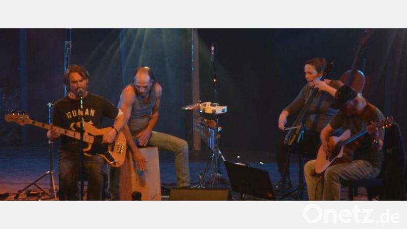 &quot;Rising Storm&quot; mit den Bandmitgliedern Erich Forster (Gitarre), Buutz Richtmann (Cajon) und Stefan Puhane (Bass, Gesang) sowie Cellistin Karin Ehrmann begeistern in der Stadthalle das Publikum. Bild: dob