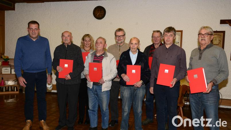SPD-Ortsvereinsvorsitzender Werner Rieß überreicht die Ehrennadeln und Urkunden für langjährige Treue zur SPD an Josef Puff (50 Jahre), Georg Vater, Herbert Deisser, Reinhold Schulz, Hans Zehent (alle 40 Jahre, von links) sowie Martina Lorenz, Günther Völkl und Heinz Voit (hintere Reihe von links). Bild: bey