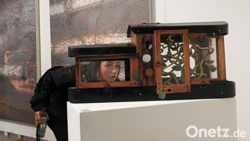 „Was ist denn da im Geigenkasten?“, fragt sich eine Besucherin bei der Eröffnung der OKV-Herbstausstellung in der Aula der Realschulen. Bild: Winkler