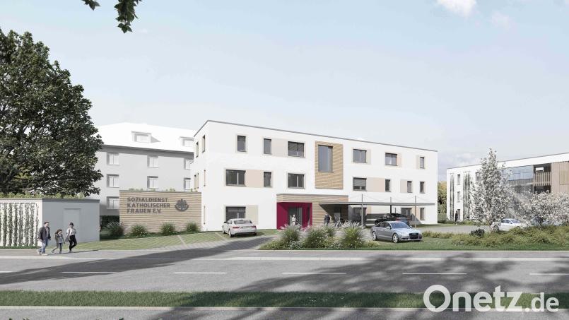 So soll die neue Unterkunft des SkF fertig aussehen, rechts daneben entsteht ein neues Lebenshilfe-Gebäude. Die Pläne stammen aus dem Büro der Amberger Architektengemeinschaft Eberhardt, Vogl und Hirsch. Bildmontage: evh_architekten