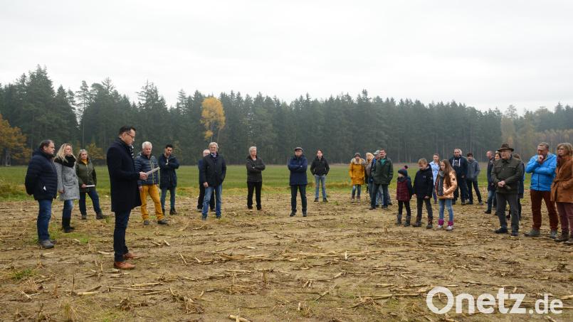 Markus Scheidler-Diertl (links im Vorgrund) erläutert den Anwesenden die Agenda der Bürgerinitiative &quot;Windparkfreie Heimat Parkstein&quot;. Informationen zum Bauleitverfahren gab Reinhold Gerber (Fünfter von links). Bild: bey