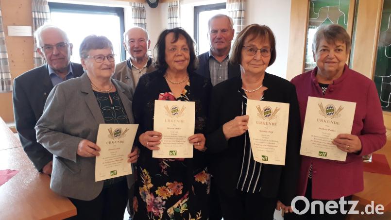 Bereits seit 1961 und damit seit 60 Jahren Mitglied im vlf sind (vorne, von links) Eleonore Kolb, Gertrud Müller, Christine Weiß, Adelheid Rustler, Alois Schmid, Albert Wolf und Johann Vollath. Bild: AELF Tirschenreuth/exb