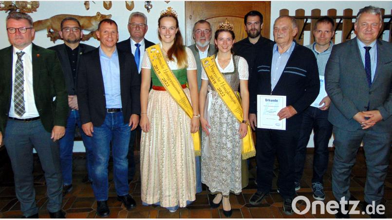 Vorsitzender Helmut Heuberger (Vierter von links) zeichnet gemeinsam mit (Mitte, von links) Honigprinzessin Alexandra und Honigkönigin Katharina sowie den Schirmherren Bürgermeister Michael Göth (links) und Landrat Richard Reisinger (rechts) langjährige und verdiente Mitglieder des Bienenzuchtvereins Sulzbach-Rosenberg aus. Bild: fnk
