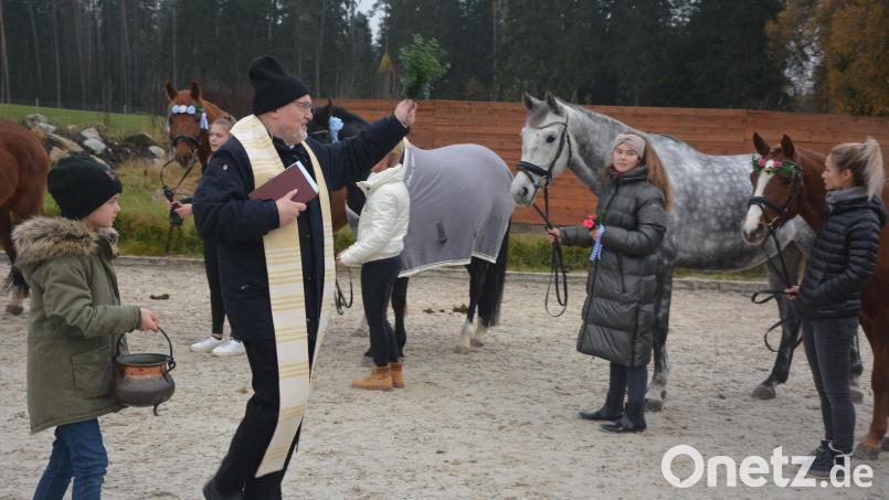 Stadtpfarrer Anton Witt ging durch die Reihen und erbat Gottes Segen für die Pferde und deren Reiter. Bild: jr