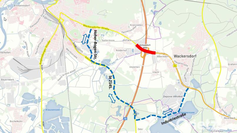 Die Bundesstraße 85 wird ab Montag, 15. November, im Bereich der Autobahn-Anschlussstelle Schwandorf-Mitte gesperrt sein. Grafik: Staatliches Bauamt Amberg-Sulzbach