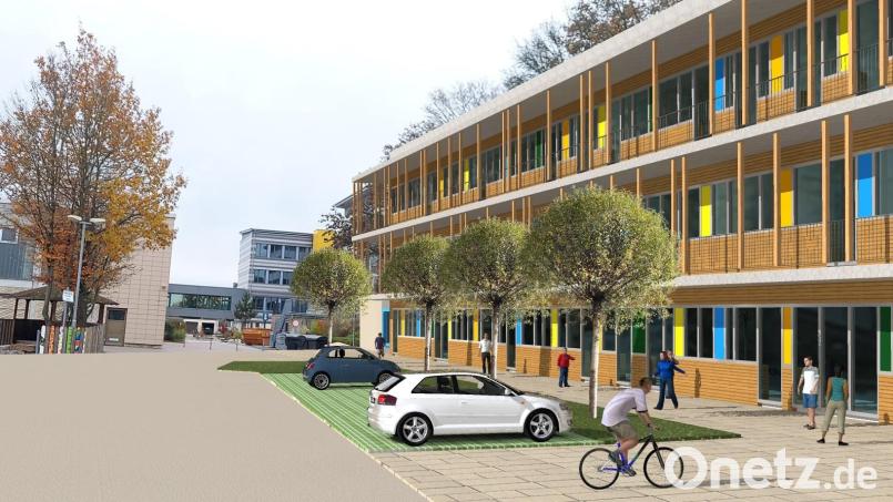 Der geplante Neubau des Sonderpädagogischen Förderzentrums in Nabburg, hier die Perspektive der Hofseite mit Blick nach Süden, Im Hintergrund ist das Gebäude der Realschule zu sehen. Grafik: Architekturbüro Knipl, Pracht und Partner