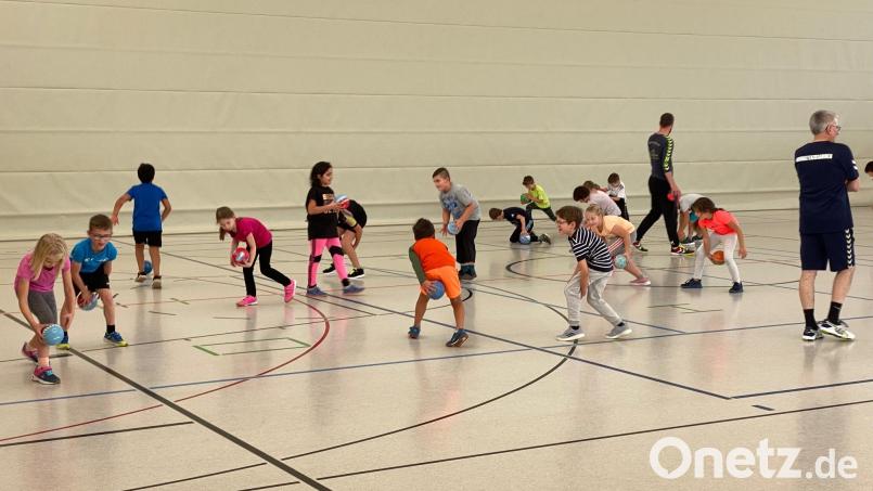 Grundschüler in &quot;Action&quot;: In der Helmut-Ott-Halle schnupperten 65 Zweitklässler der Dr.-Heinrich-Stromer-Grundschule in den Handball-Sport hinein - und zeigten sich begeistert. Bild: haw