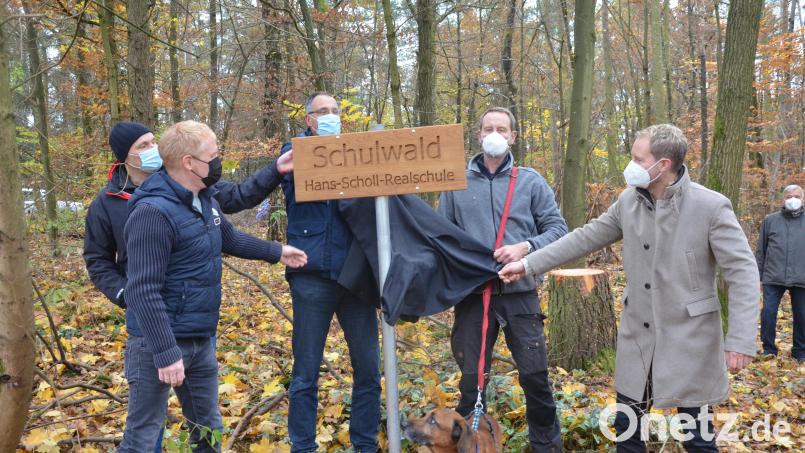 Fachoberlehrer Günter Luber, Stadtrat Roland Richter, Schulleiter Michael Meier, Stadtförster Wolfgang Winter und der Mitarbeiter bei der Ministerialbeauftragten in der Oberpfalz Wolfgang Seifert (v.l.) enthüllen das Schild. Bild: Kunz