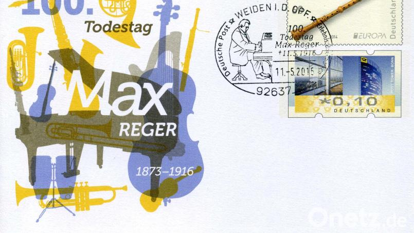 2016 erschien bereits eine sogenannte Gedenkganzsache (Postwertzeichen) zum 100. Todestag von Max Reger. Zum runden Geburtstag im Jahr 2023 gibt es eine Sonderbriefmarke. Bild: Kulturamt Weiden/exb