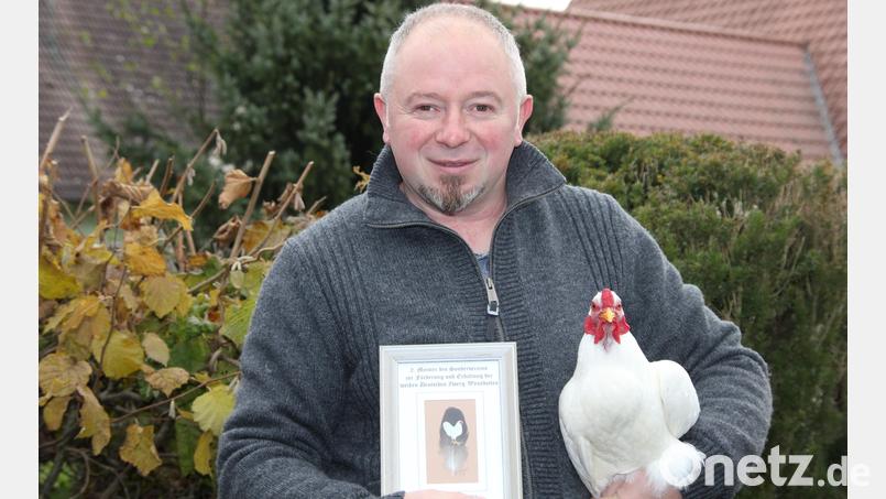 Überglücklich zeigt sich der Vorsitzende des Geflügelzuchtvereins Schnaittenbach/Hirschau, Gerhard Heindl, über den zweiten Platz bei der Deutschen Sondervereinsmeisterschaft der Zwergwyandotten. Stolz präsentiert er seinen Prachthahn. Bild: ads