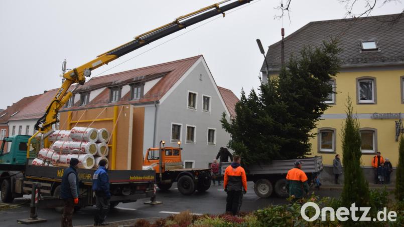 Mit Unterstützung von Thomas Riedl und seinem Kran konnte die große Nordmanntanne ohne Probleme abgeladen werden. Bild: fla