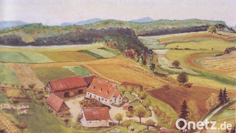 Eine Ansicht von „Böiwerlejh“, nur so heißt der Einödhof Ödallerzhof bei den Einheimischen, gemalt von einem Heimatvertriebenen in den 1950er Jahren. Der „Urhof“ aller Ebenhöchs war 400 Jahre in Familienbesitz. 1924 verstarb der letzte Namensträger Johann Ebenhöch an den Folgen eines Gasangriffes gegen Ende des I. Weltkrieges. Johann Lautenschlager aus Berghausen arbeitete als Knecht auf dem Hof und heiratete 1930 die Witwe Theres, geb. Dürr aus Friebertsheim. Bild: schß