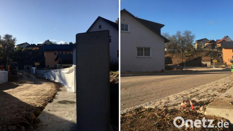 Zwischen beiden Fotos liegen eineinhalb Monate und eine etwa 1,5 Meter hohe Aufschüttung. In Wutschdorf hat die Staatsstraße ein Korsett aus Beton erhalten. Das Bild links ist Mitte Oktober entstanden. Bild: gri