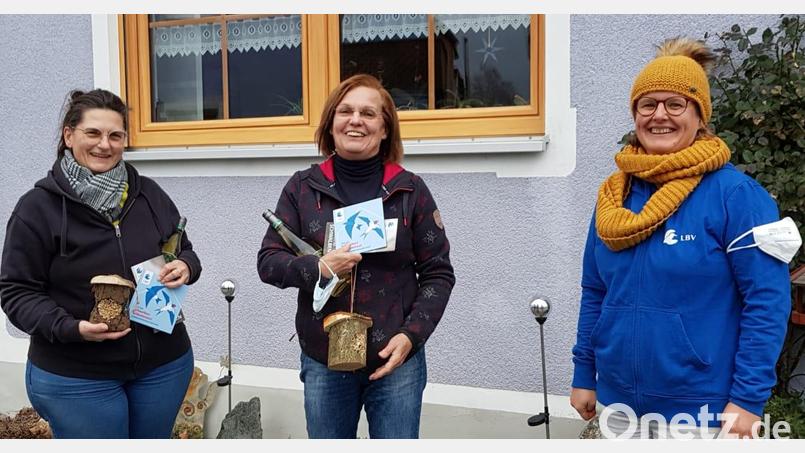 Martina Käck (links) und Anni Loistl (Mitte) sind vom LBV für ihre schwalbenfreundlichen Häuser ausgezeichnet worden. Die Sprecherin der Ortsgruppe Weiden-Neustadt, Verena Bauer, überreicht den beiden Frauen die Plaketten. Bild: LBV/exb