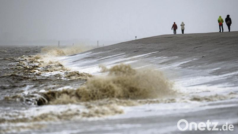 So geht Nordsee: Toughe Strandspaziergänger in Norddeich trotzen dem harschen Winterwetter. Bild:  Matthias Balk/dpa