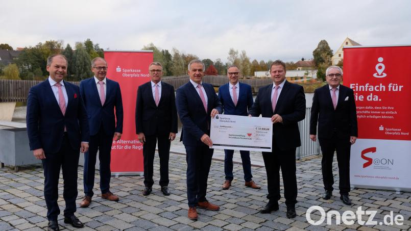 Stiftungsvorstand Hans-Jörg Schön, Roman Schäffler, Franz Stahl, der Vorsitzende des Stiftungsrats Roland Grillmeier, Bernd Sommer, Stefan Grillmeier und Ludwig Zitzmann, Stiftungsvorstand und Vorstand der Sparkasse Oberpfalz Nord, bei der Übergabe des symbolischen Schecks. Bild: Sparkasse Oberpfalz Nord/exb